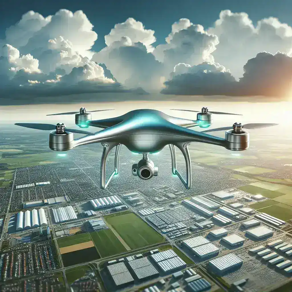 "Skydio 2+ drone flying over a construction site, showcasing its advanced AI technology and enterprise applications in aerial surveying and inspection."
